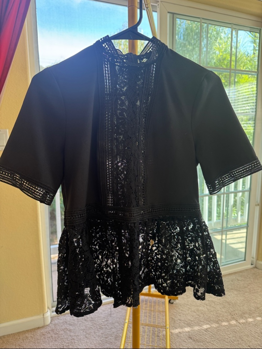 Zara Black Lace Trim Short Sleeve Peplum Blouse